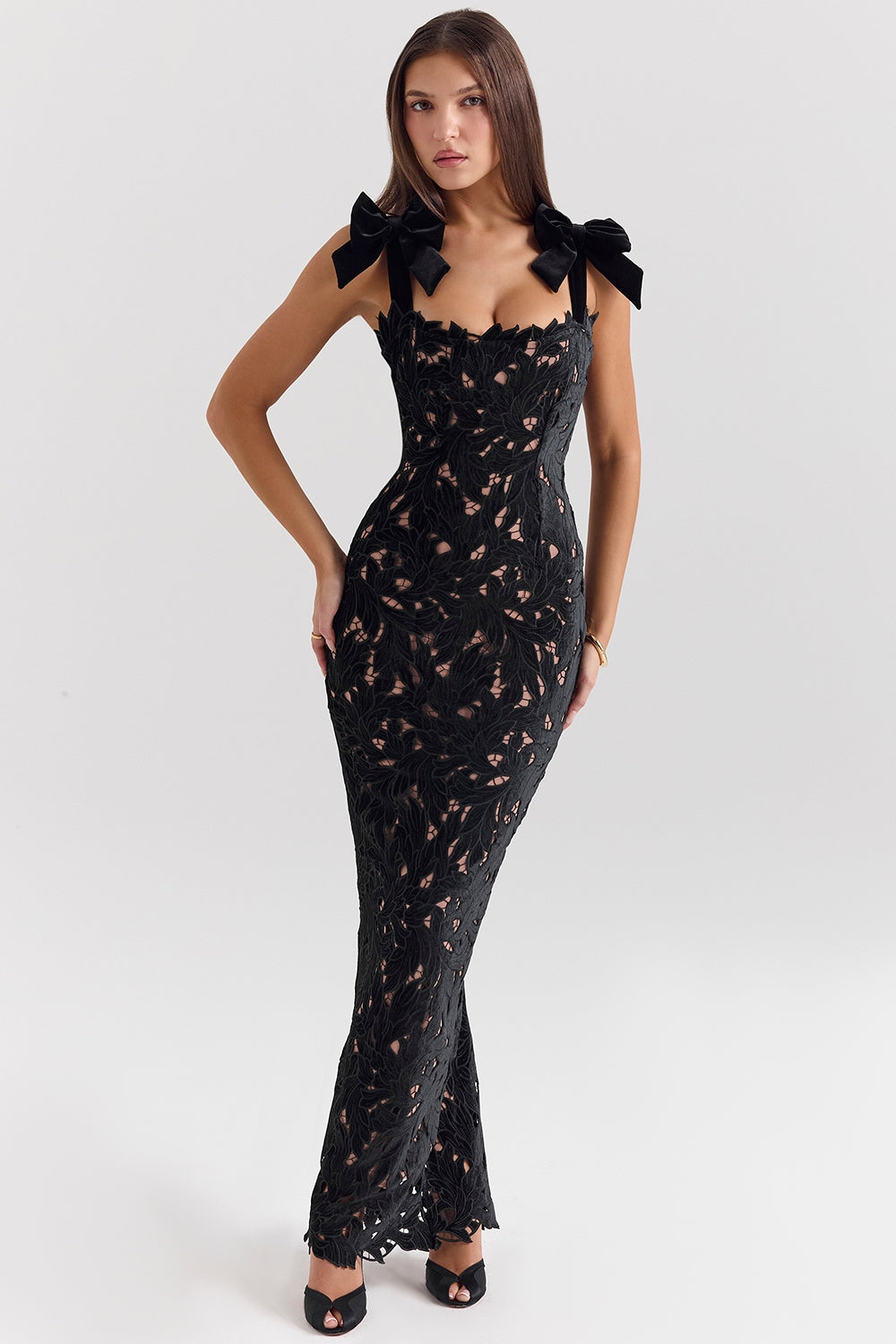 TIFF Black Velvet Lace Maxi Dress