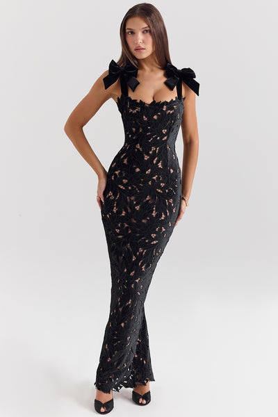 TIFF Black Velvet Lace Maxi Dress