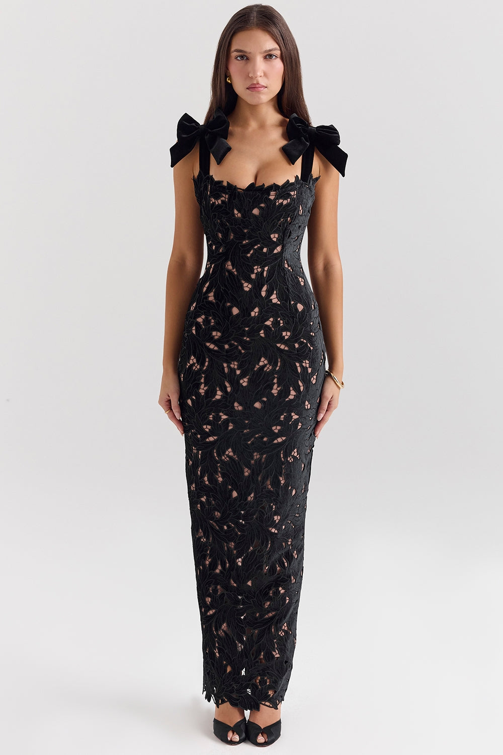 TIFF Black Velvet Lace Maxi Dress