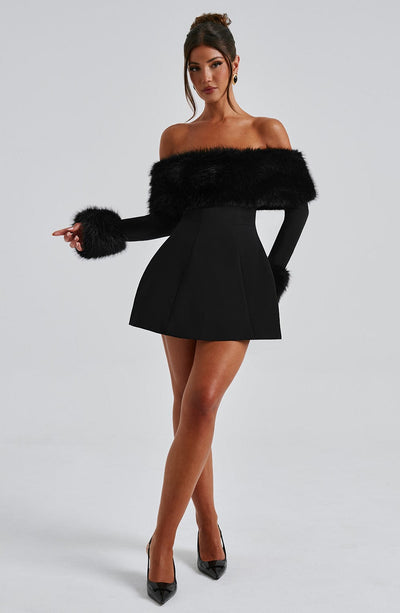 Dila Off-Shoulder Fur Sleeve Mini Dress