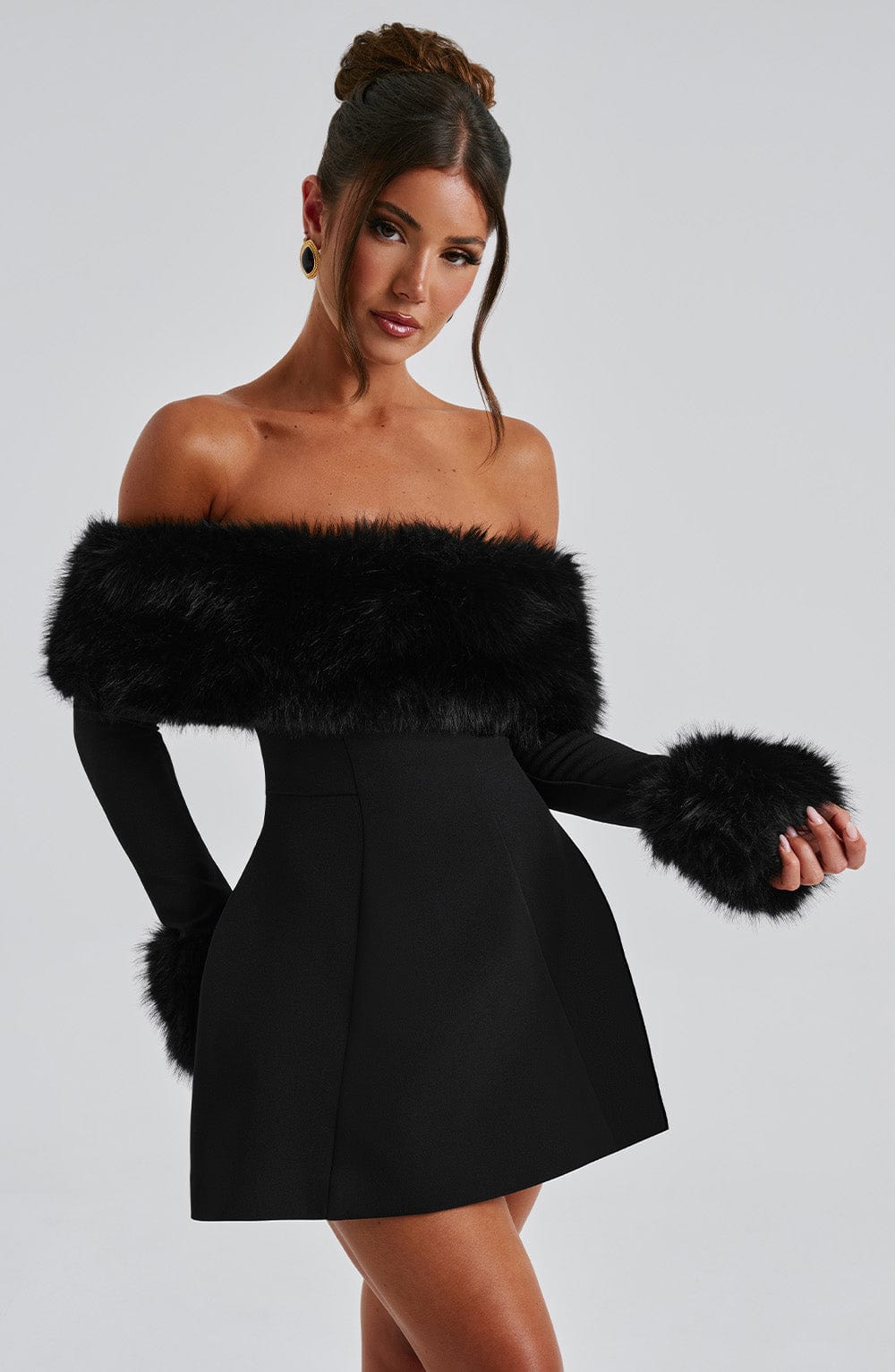 Dila Off-Shoulder Fur Sleeve Mini Dress