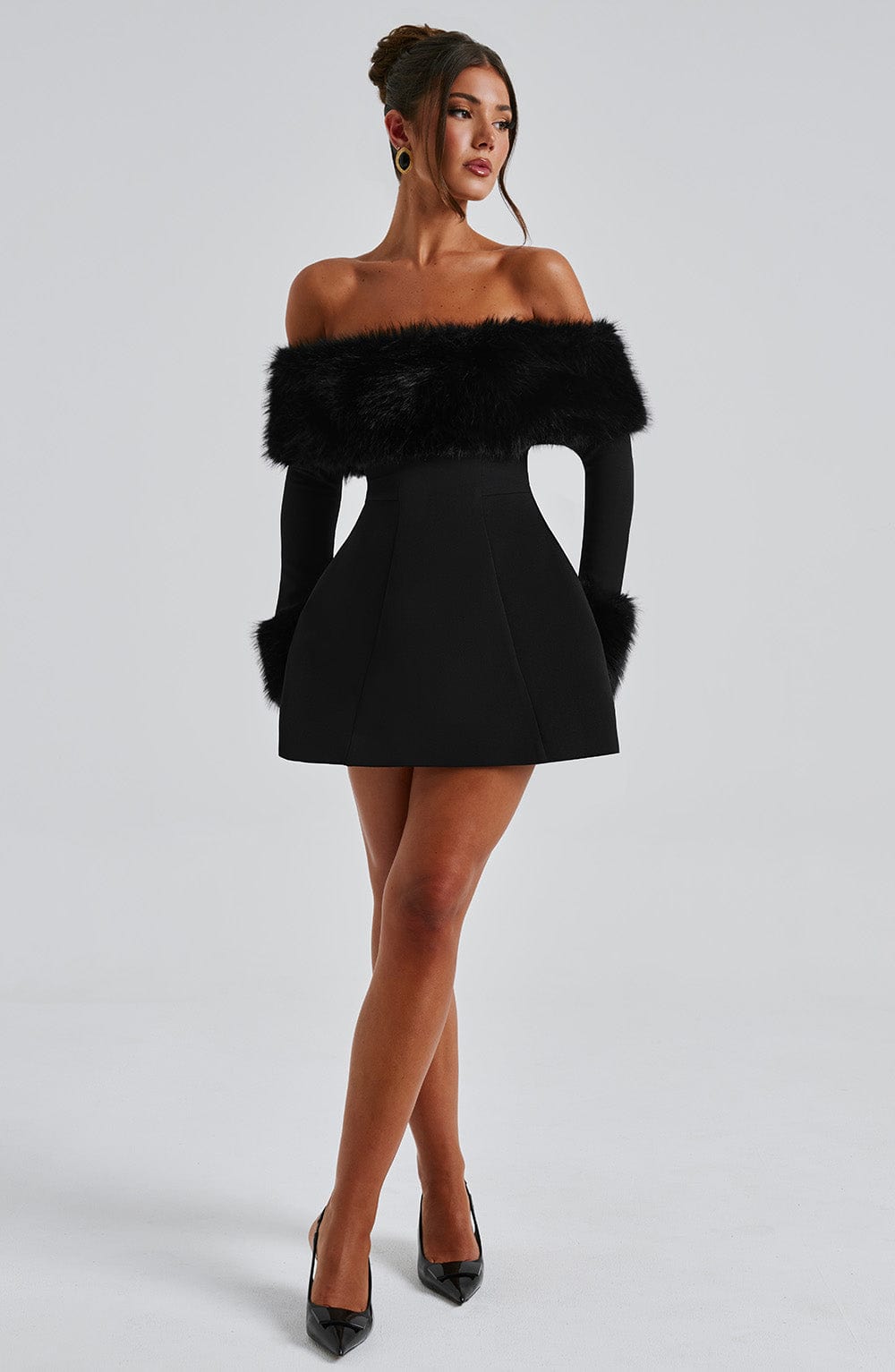 Dila Off-Shoulder Fur Sleeve Mini Dress