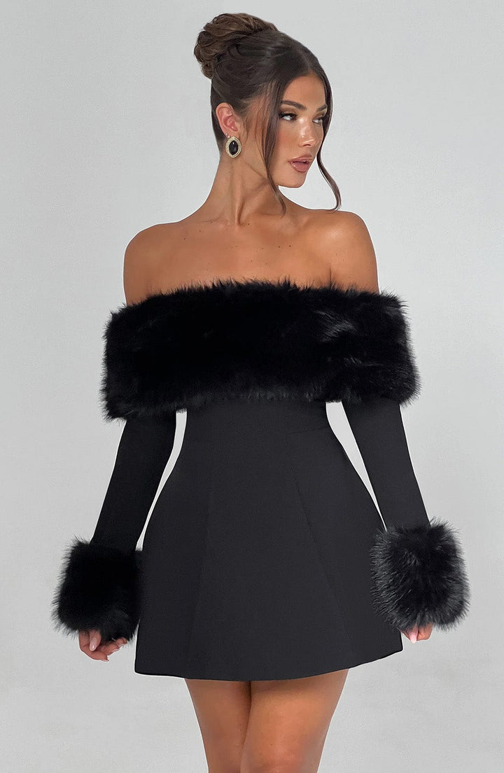 Dila Off-Shoulder Fur Sleeve Mini Dress