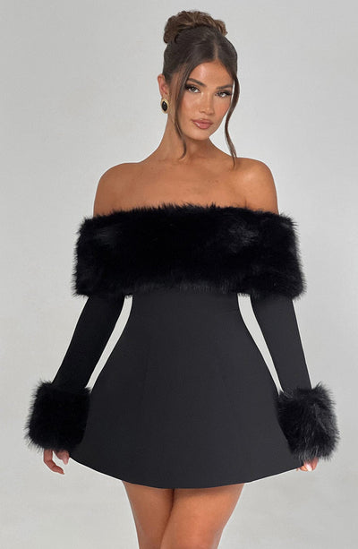 Dila Off-Shoulder Fur Sleeve Mini Dress