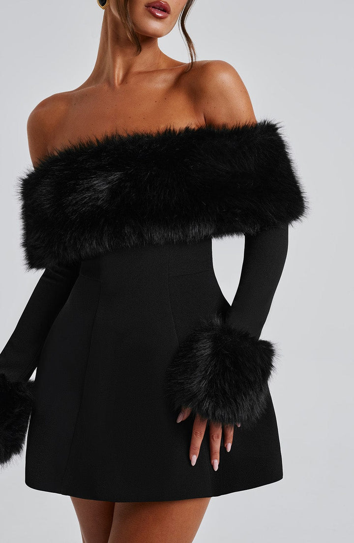 Dila Off-Shoulder Fur Sleeve Mini Dress